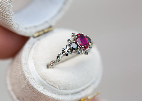 Briar rose three stone with ruby and black diamonds