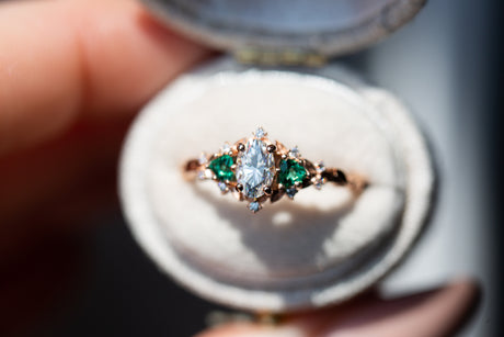 Briar rose three stone with oval moissanite and lab emerald (fairy queen ring)