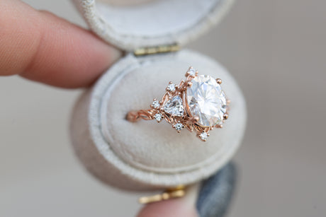 Briar rose three stone with 10x8mm moissanite center