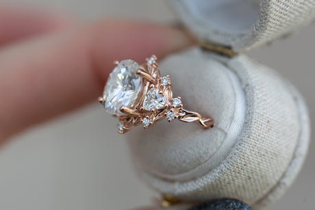 Briar rose three stone with 10x8mm moissanite center