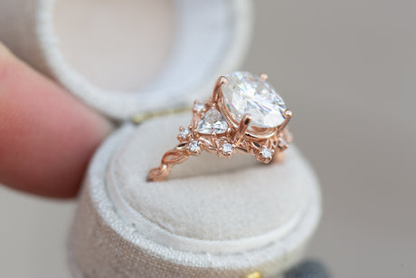 Briar rose three stone with 10x8mm moissanite center