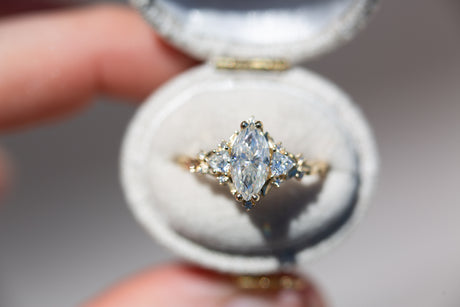 Briar rose three stone with 10x5mm marquise moissanite