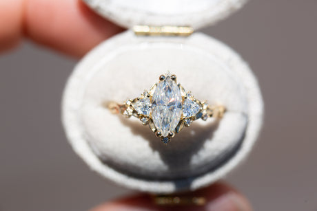 Briar rose three stone with 10x5mm marquise moissanite