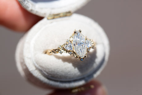Briar rose three stone with 10x5mm marquise moissanite