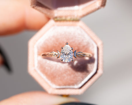 Pear moissanite crescent moon leaf ring