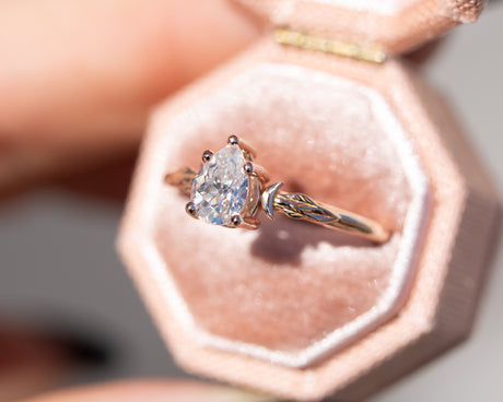 Pear moissanite crescent moon leaf ring