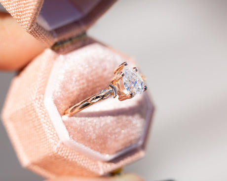 Pear moissanite crescent moon leaf ring