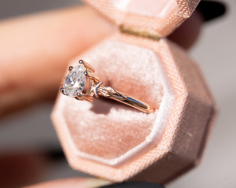 Pear moissanite crescent moon leaf ring