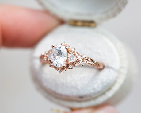 Briar rose three stone with 7x5mm oval moissanite