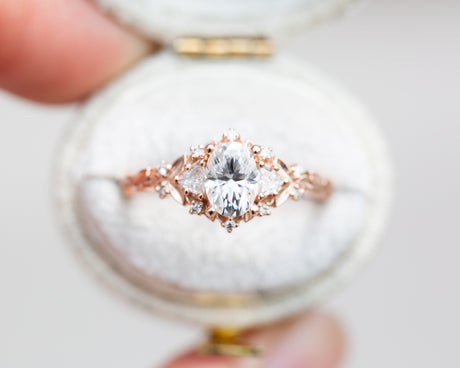 Briar rose three stone with 7x5mm oval moissanite