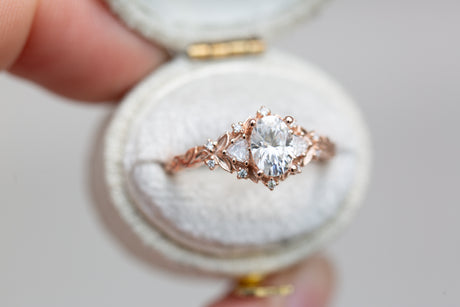 Briar rose three stone with 7x5mm oval moissanite