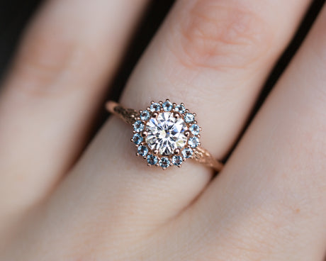 Moissanite and aquamarine halo midsummer ring