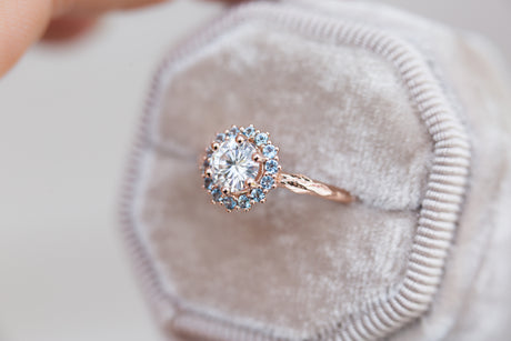 Moissanite and aquamarine halo midsummer ring