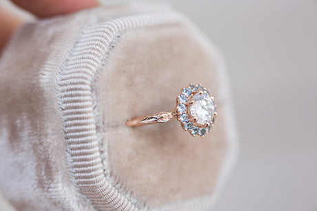 Moissanite and aquamarine halo midsummer ring