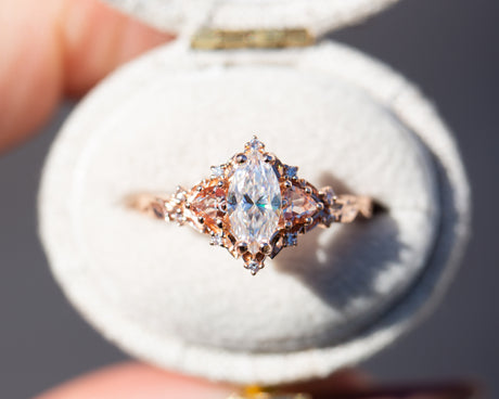 Briar rose three stone with marquise moissanite and lab peach sapphire (fairy queen ring)