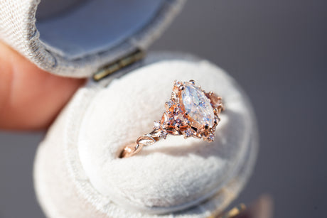 Briar rose three stone with marquise moissanite and lab peach sapphire (fairy queen ring)