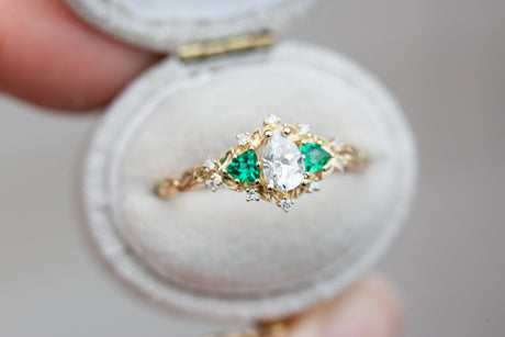 Briar rose three stone with pear moissanite and lab emerald (fairy queen ring)