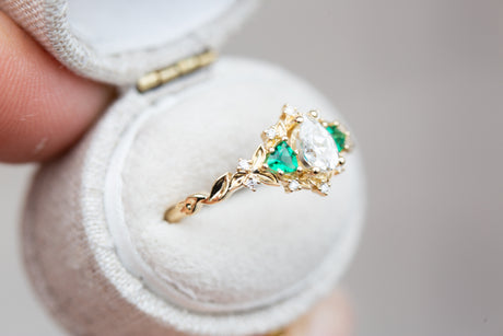 Briar rose three stone with pear moissanite and lab emerald (fairy queen ring)