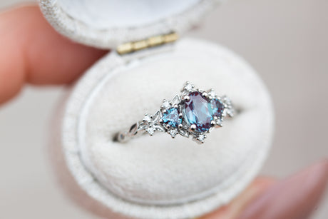 Briar rose three stone with oval alexandrite and alexandrite side stones