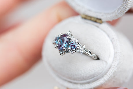 Briar rose three stone with oval alexandrite and alexandrite side stones