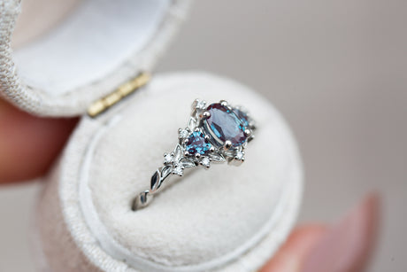 Briar rose three stone with oval alexandrite and alexandrite side stones