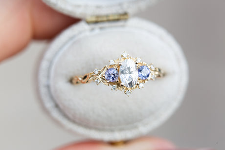 Briar rose three stone with oval moissanite and round tanzanite (fairy queen ring)