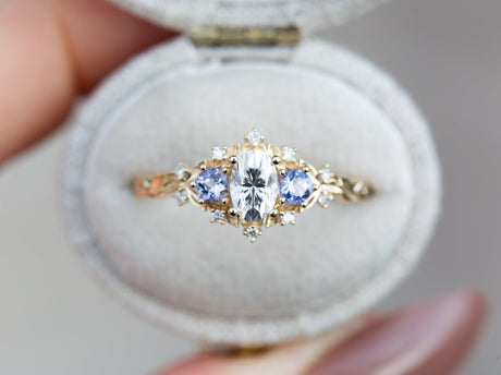 Briar rose three stone with oval moissanite and round tanzanite (fairy queen ring)