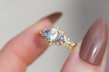 Briar rose three stone with oval moissanite and round tanzanite (fairy queen ring)
