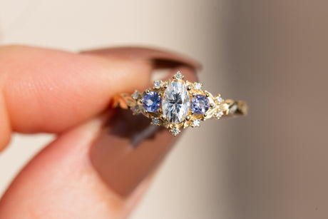 Briar rose three stone with oval moissanite and round tanzanite (fairy queen ring)