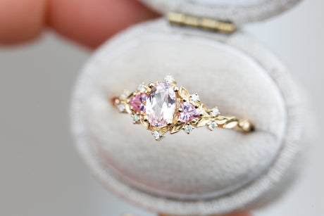 Briar rose three stone with oval light pink sapphire (fairy queen ring)