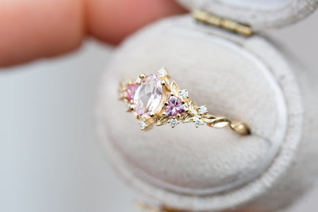 Briar rose three stone with oval light pink sapphire (fairy queen ring)