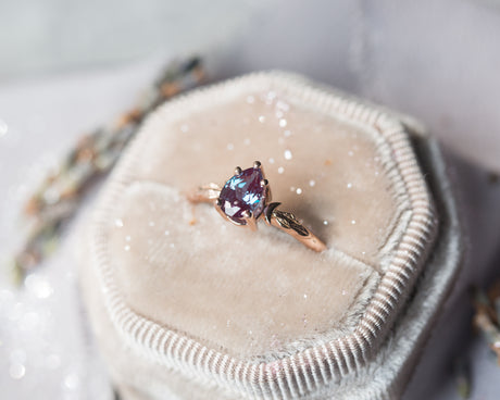 Pear alexandrite crescent moon leaf ring