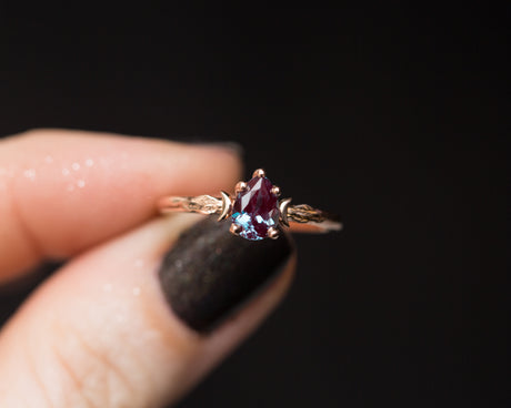 Pear alexandrite crescent moon leaf ring