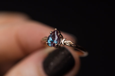 Pear alexandrite crescent moon leaf ring