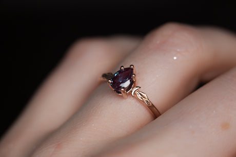 Pear alexandrite crescent moon leaf ring