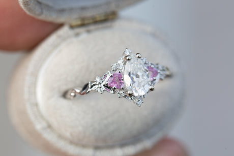 Briar rose three stone with pear moissanite and pink sapphire