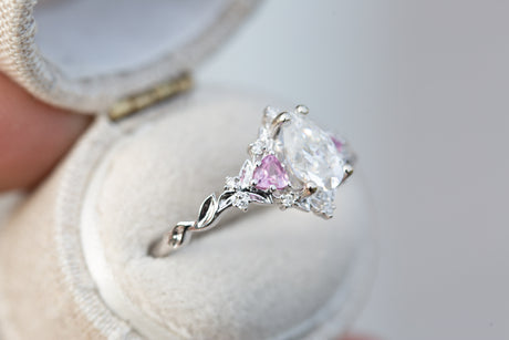 Briar rose three stone with pear moissanite and pink sapphire