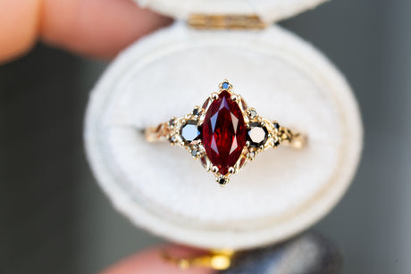 Briar rose three stone with marquise lab ruby and black diamonds