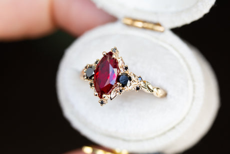 Briar rose three stone with marquise lab ruby and black diamonds