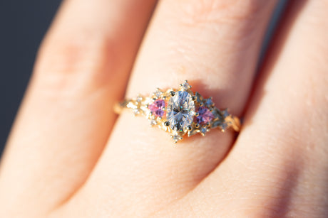 Briar rose three stone with oval moissanite and pink sapphire (fairy queen ring)