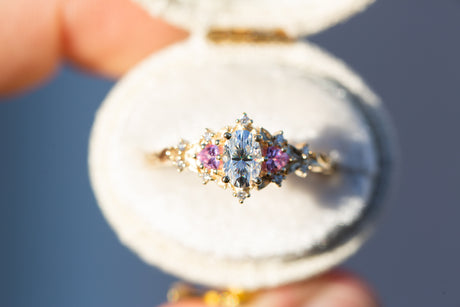 Briar rose three stone with oval moissanite and pink sapphire (fairy queen ring)