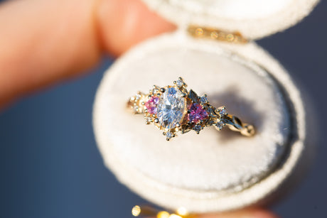 Briar rose three stone with oval moissanite and pink sapphire (fairy queen ring)