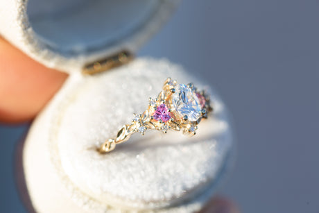 Briar rose three stone with oval moissanite and pink sapphire (fairy queen ring)
