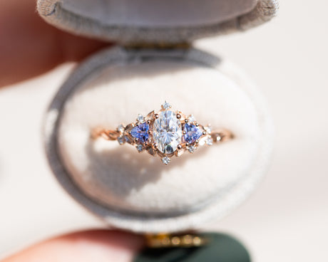 Briar rose three stone with oval moissanite and tanzanite (fairy queen ring)