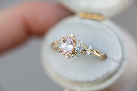 Briar rose three stone with oval lab light pink sapphire