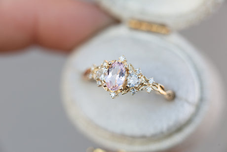Briar rose three stone with oval lab light pink sapphire