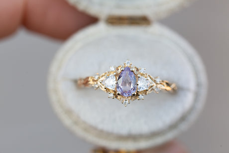 Briar rose three stone with pear lavender sapphire