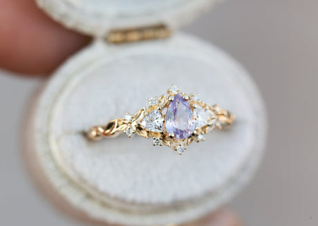 Briar rose three stone with pear lavender sapphire