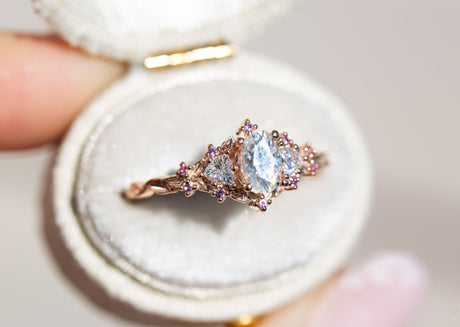 Briar rose three stone with moissanite and pink sapphire accents