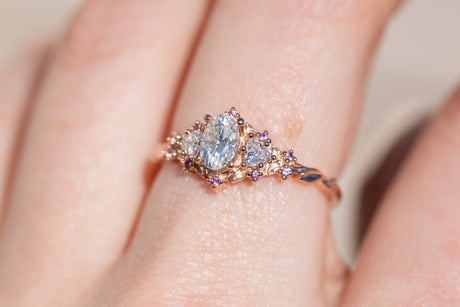 Briar rose three stone with moissanite and pink sapphire accents